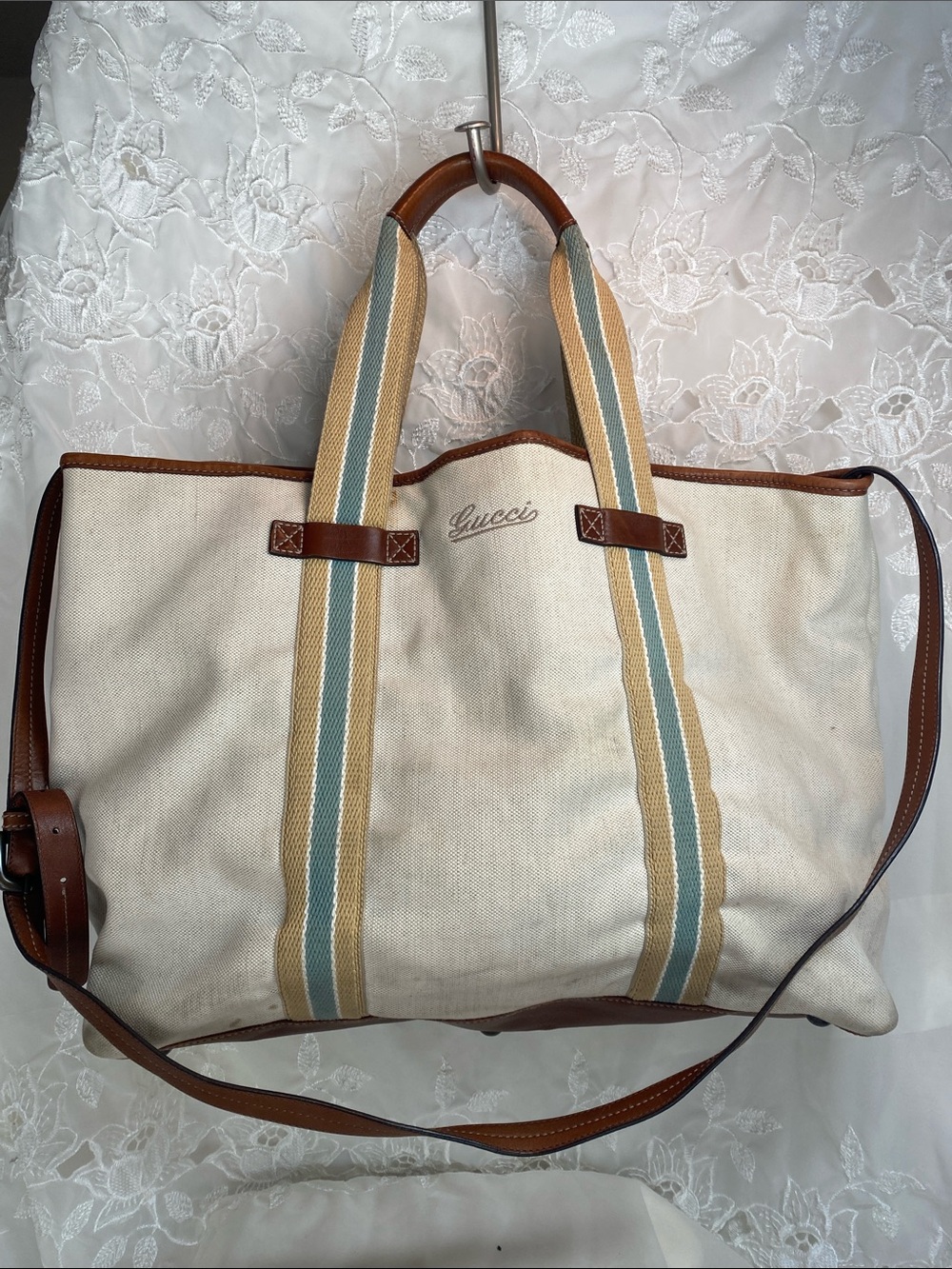 Gucci Beige Canvas Tote with Brown Leather Trim and Blue-Striped Handles